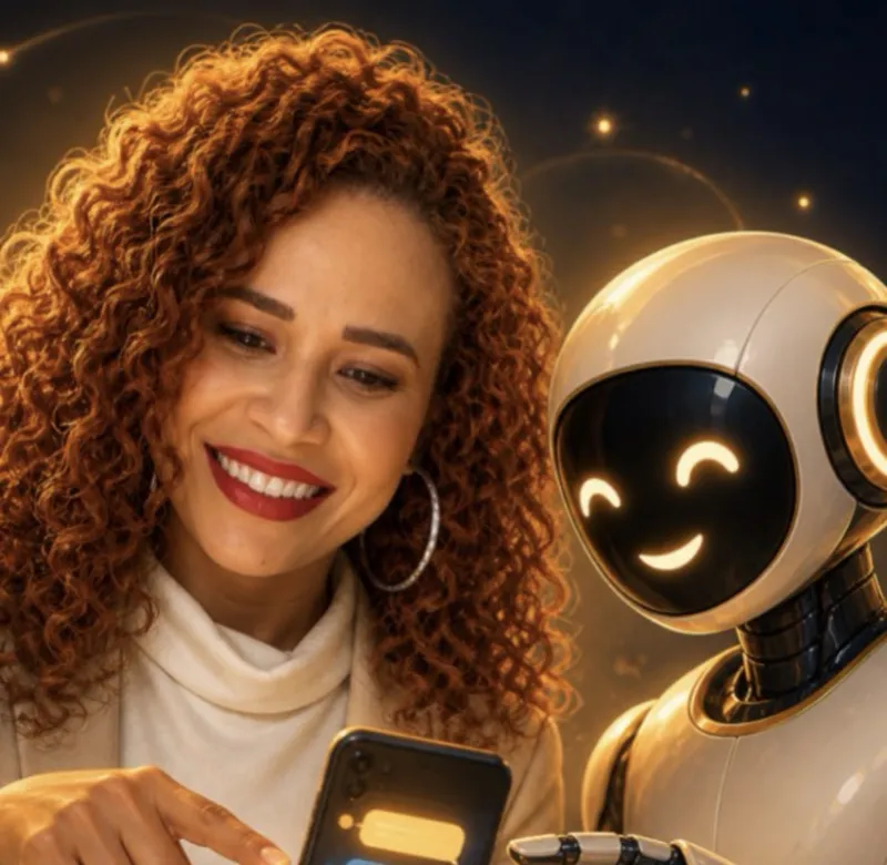 Naiara Araujo, criadora do Assis da Nai, sorrindo enquanto usa o celular ao lado de um robô assistente com rosto sorridente iluminado.
