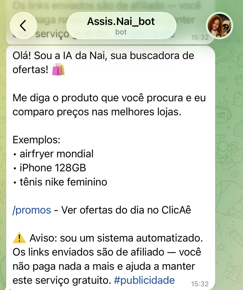 Print da conversa com o Assis da Nai no Telegram: o bot se apresenta como buscadora de ofertas, pede o nome do produto e dá exemplos como airfryer Mondial, iPhone 128GB e tênis Nike feminino.